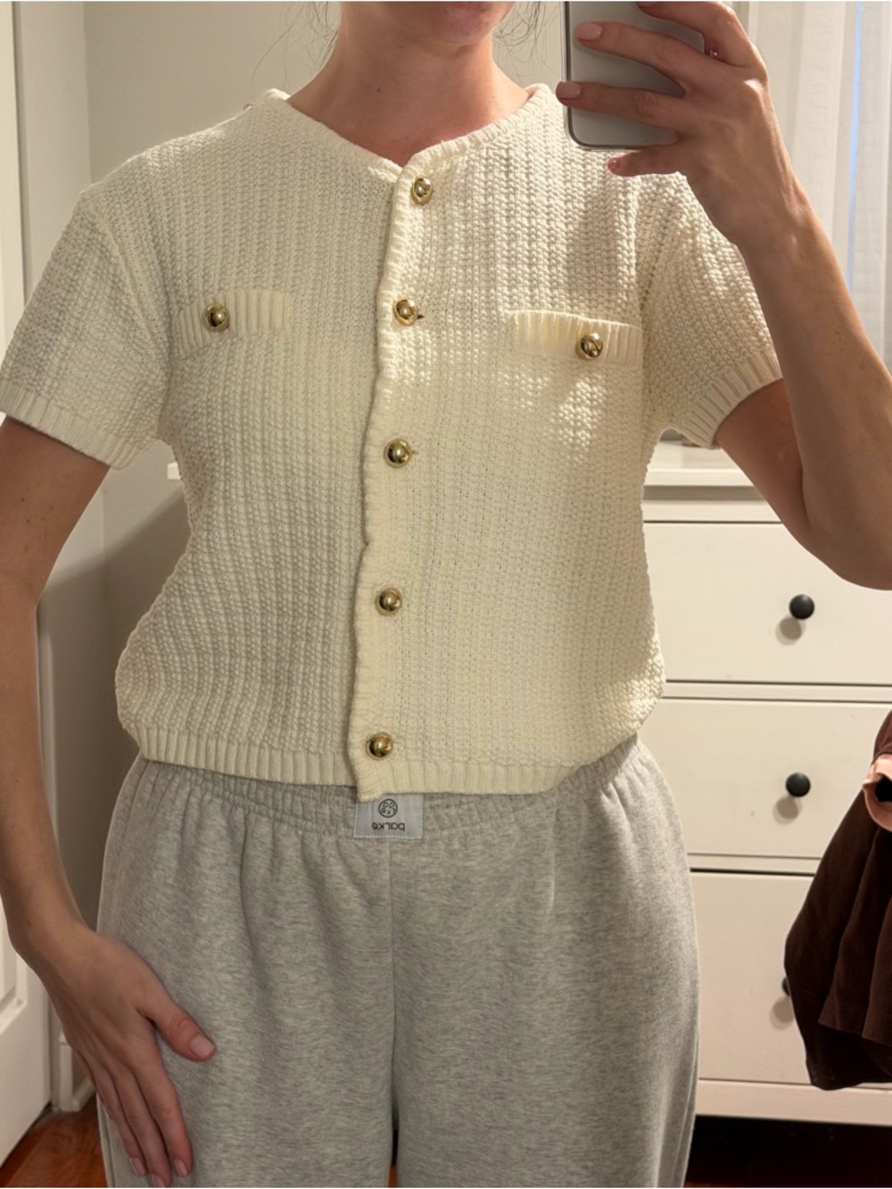 H&M Knit Button Up Short Sleeve Sweater Ivory